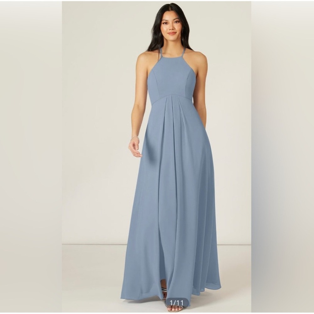 NWT Azazie Sarah Bridesmaid Dress 10 Dusty Blue Halter Chiffon Maxi Formal Gown
